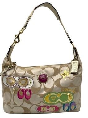 Vintage Coach Poppy Khaki Sateen Logo Shoulder Hobo Bag
